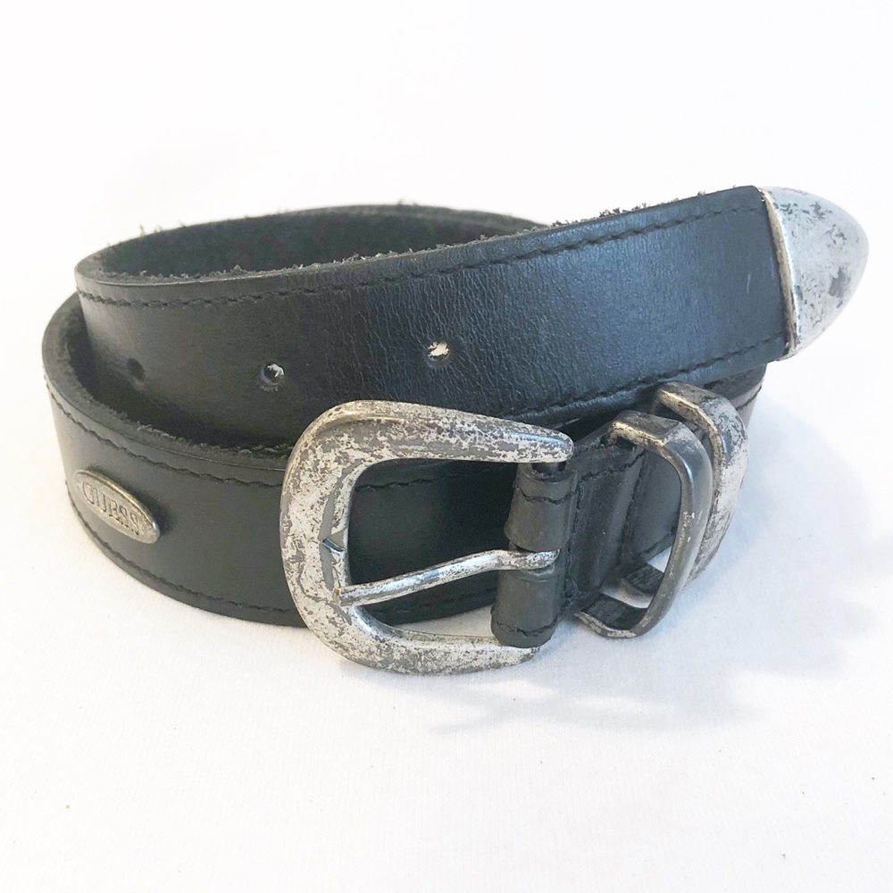 Guess genuine leather black brushed silver belt S